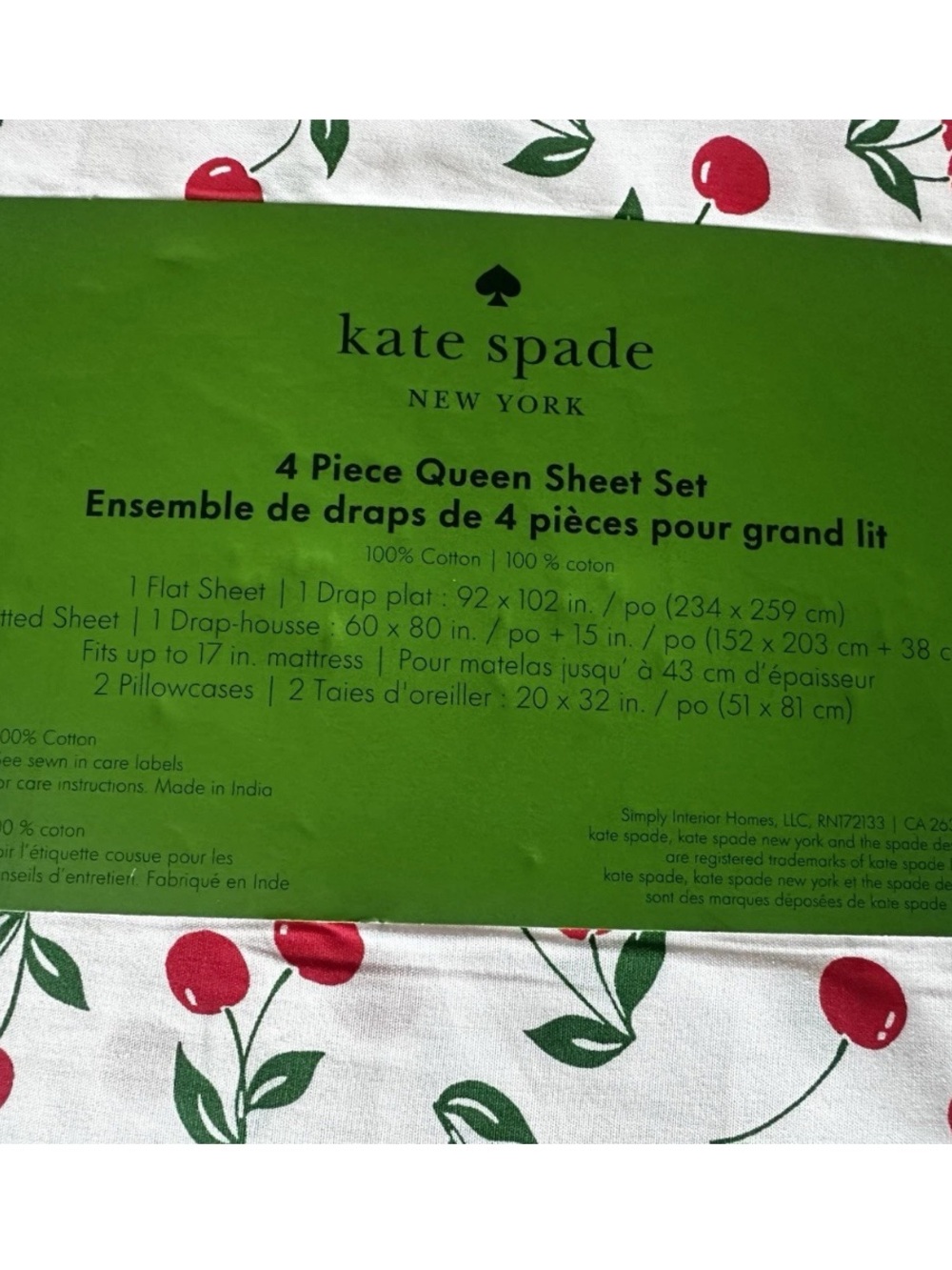 kate spade Cherry Print Cotton Sheet Set in White, Red & Green - Picture 4 of 4